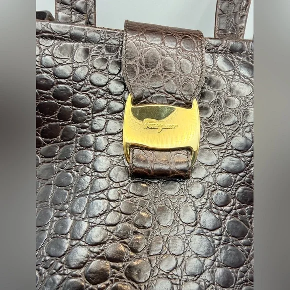 Vintage Salvatore Ferragamo Brown Croc Top Handle 2-Way Bag w/ Strap - Picture 8 of 14